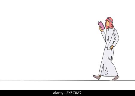 Single continuous line drawing Arab man walking reading the book. Gesture of memorizing something from a book. Read anywhere. Addicted to reading. Boo Stock Vector