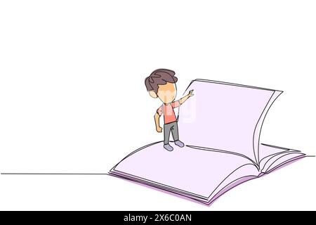 Single one line drawing boy standing over open ledger turning the pages. Read slowly to understand the contents of each page. Reading increases insigh Stock Vector