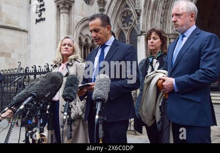 London, UK. 14th May 2024. Grace O’Malley-Kumar's parents DR SANJOY KUMAR and DR SINEAD O'MALLEY give a statement outside the Royal Courts of Justice following the Court of Appeal's ruling that the sentence given to Valdo Calocane was 'not unduly lenient'. Calocane killed students Barnaby Webber, Grace O’Malley-Kumar and caretaker Ian Coates in Nottingham in 2023 and was given an indefinite hospital order as he suffers from paranoid schizophrenia. Credit: Vuk Valcic/Alamy Live News Stock Photo