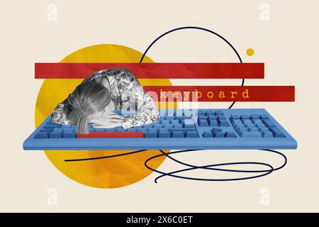 Composite photo collage of sleepy old woman lie computer keyboard office equipment tool keypad supply isolated on painted background Stock Photo