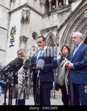 London, UK. 14th May 2024. Grace O’Malley-Kumar's parents DR SANJOY KUMAR and DR SINEAD O'MALLEY give a statement outside the Royal Courts of Justice following the Court of Appeal's ruling that the sentence given to Valdo Calocane was 'not unduly lenient'. Calocane killed students Barnaby Webber, Grace O’Malley-Kumar and caretaker Ian Coates in Nottingham in 2023 and was given an indefinite hospital order as he suffers from paranoid schizophrenia. Credit: Vuk Valcic/Alamy Live News Stock Photo