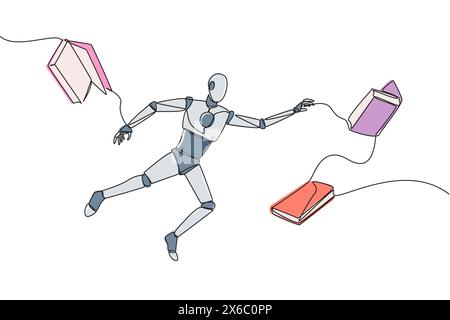 Single continuous line drawing astronaut floating in space trying to pick up books. No gravity makes it float. Basic space knowledge. Tech book festiv Stock Vector