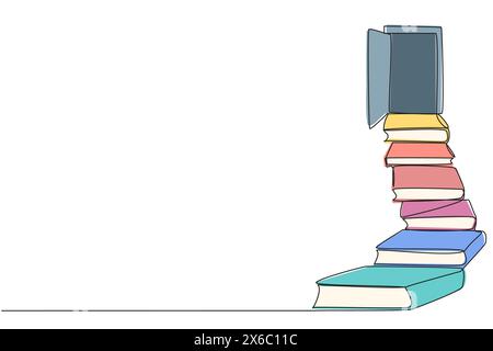 Single continuous line drawing stack the books used as steps. Reach for the open door at the end of the stairs. Symbol of achieving desires. Book fest Stock Vector