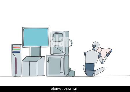 Continuous one line drawing robots are assembling super powerful computers. Hardware created based on intelligent robot analysis. Book festival concep Stock Vector