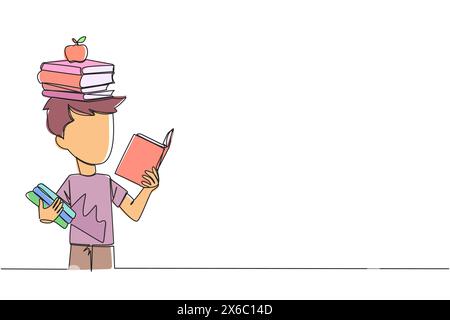 Single one line drawing boy reading a book practicing balance. Stack books on top of head along with the apple. Balancing reading rhythm, train focus. Stock Vector