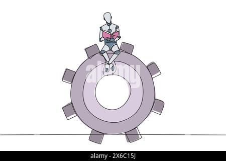 Single continuous line drawing robot artificial intelligence sitting on big gear. Read several commands to change robot intelligence level settings. B Stock Vector