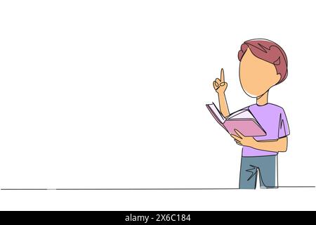 Single continuous line drawing boy standing reading a book. Gesture gets the idea. Books can see from different points of view. Brilliant idea from re Stock Vector