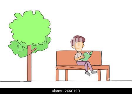 Continuous one line drawing boy sitting on school park bench reading book. Learn by rereading textbook. Read to get maximum marks. Reading increase in Stock Vector