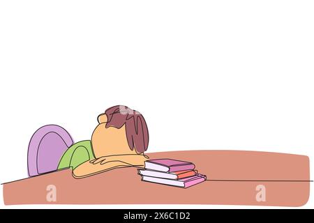 Single continuous line drawing boy asleep at the table where there were piles of books. Tired after successfully finishing the favorite reading book. Stock Vector