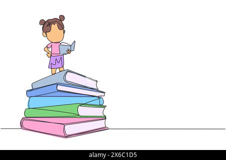 Single continuous line drawing girl standing on pile of books reading a fiction story book. Intrigued by the book series. Read anywhere to finish read Stock Vector