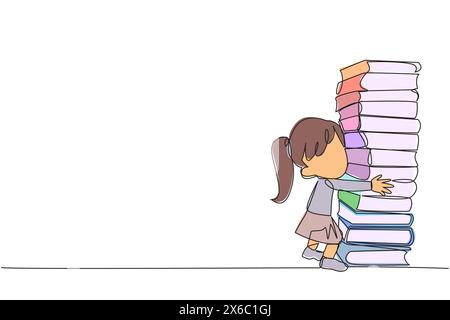 Continuous one line drawing girl hugging very high pile of books. Hobby to collecting and reading books. Filling free time with useful things. Loving Stock Vector