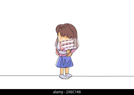 Single one line drawing girl standing hugging some books. Favorite book that finish reading. Some books will be donated to the national library. Knowl Stock Vector