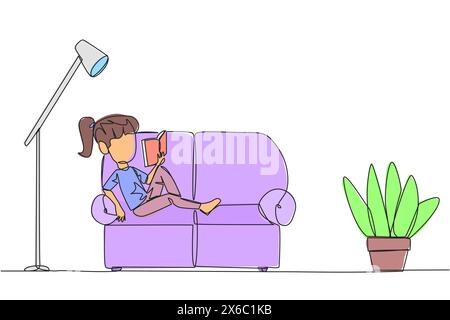 Continuous one line drawing girl sitting stretched out on the sofa reading a book. Really like the content of the book reading on each page. Impressiv Stock Vector