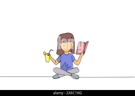 Single continuous line drawing girl sitting cross-legged reading book. Accompanied by glass of orange juice to make reading more interesting. Knowledg Stock Vector