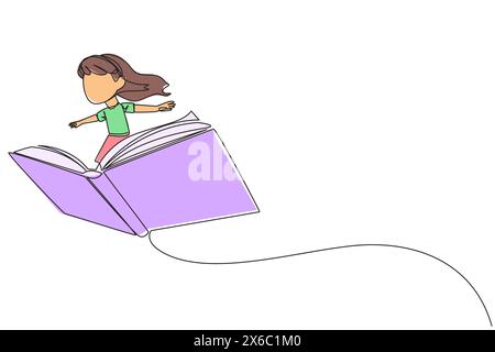 Continuous one line drawing girl standing on a large flying open book. Like riding a cloud, able to fly as high as possible. Reading increase insight. Stock Vector