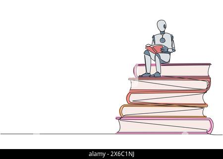 Single one line drawing robotic sitting on pile of books reading book. High interest in reading. Opening horizon of thinking. Tech book festival conce Stock Vector