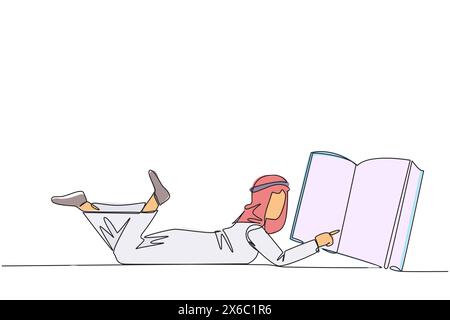 Single continuous line drawing Arab man lying on his stomach reading big book. Enjoy reading books in a variety of styles. Reading increases insight. Stock Vector