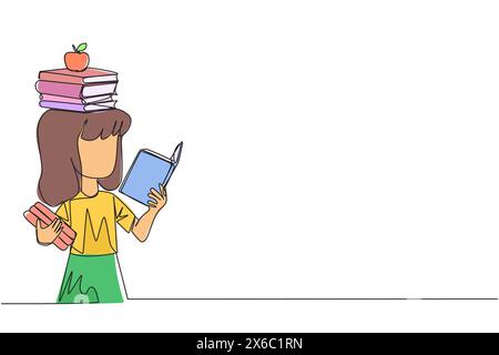 Single continuous line drawing girl read book practicing balance. Stack books on top of head along with the apple. Balancing reading rhythm, train foc Stock Vector