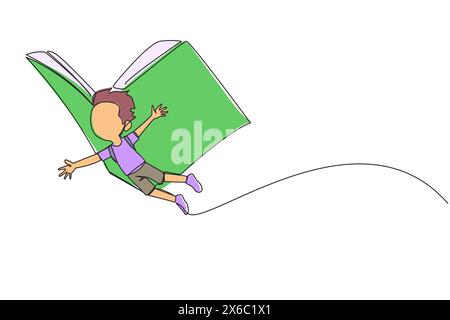 Continuous one line drawing boy flying with wings that come from an open big book. The metaphor carries over with the storyline. Constructive fantasy. Stock Vector