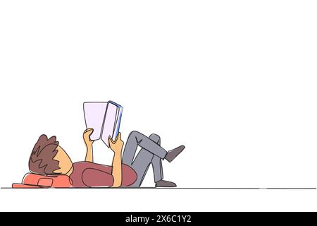 Single continuous line drawing man lying on back reading book. Reading favorite comic. Big fan of fiction books. Enjoy the storyline. Reading increase Stock Vector