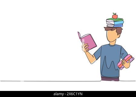 Single one line drawing man reading book practicing balance. Stack books on top of head along with the apple. Balancing reading rhythm, train focus. R Stock Vector