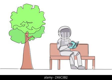 Single one line drawing astronaut sitting on park bench reading book. Learn by re-reading textbook. Read to get maximum marks. Reading increase insigh Stock Vector