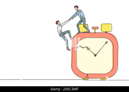 Single one line drawing businessman helps colleague climb the big alarm clock. Helping coworkers. Deadline is coming. Work together for better end res Stock Vector