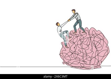 Single one line drawing businessman helps colleague climb the big heavy messy circle. Teamwork eliminates anxiety. Eliminate stress to focus on busine Stock Vector