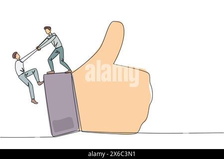 Single continuous line drawing businessman helps colleague climb big finger gesture thumbs up. Working together towards success. Positive vibes. Cohes Stock Vector