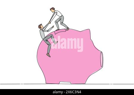 Single one line drawing businessman helps colleague climb big piggy bank. Remind each other in kindness. Investment for the future. Super great teamwo Stock Vector