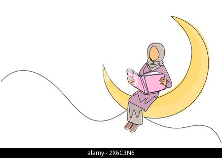 Single continuous line drawing Arab woman sitting on crescent moon reading a book. Metaphor of reading a fairy story before sleeping. Read until late. Stock Vector