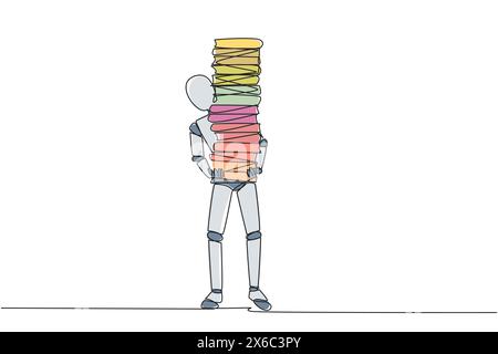 Continuous one line drawing robot carrying tall stack of books covering itself. Newly purchase book from bookstore. Read books one by one at home. Rea Stock Vector