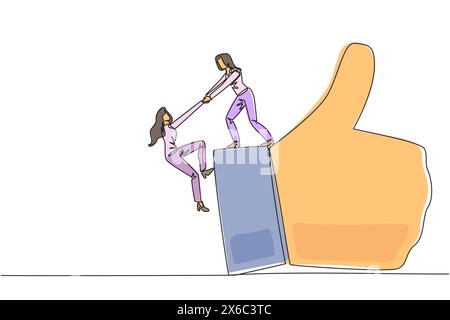 Continuous one line drawing businesswoman helps colleague climb finger gesture thumbs up. Working together towards success. Positive vibes. Cohesivene Stock Vector