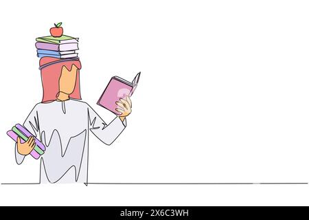 Single continuous line drawing Arabian man reading book practicing balance. Stack books on top of head along with the apple. Balancing reading rhythm, Stock Vector