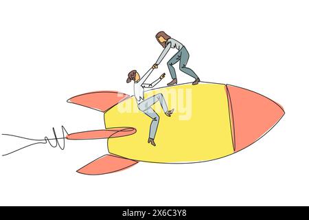 Single continuous line drawing businesswoman helps colleague climb flying rocket. Metaphor help in managing company branches. Skyrocketed like the pre Stock Vector