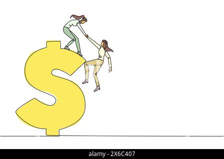 Single one line drawing businesswoman helps colleague climb the big dollar symbol. Desire to develop business together. Super great teamwork. Cohesive Stock Vector