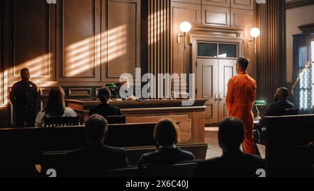 Court of Law and Justice Trial: Imparcial Honorable Judge Pronouncing Sentence, Striking Gavel. Shot of Male Lawbreaker in Orange Robe Sentenced to Serve Time in Prison. Hearing Adjourned, Stock Photo