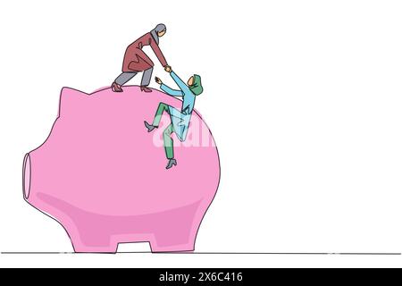 Single continuous line drawing Arab businesswoman helps colleague climb piggy bank. Remind each other in kindness. Investment for the future. Super gr Stock Vector