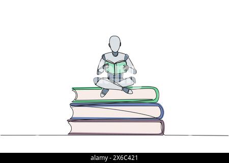 Continuous one line drawing robot sitting cross-legged on pile of large books. Read comic. Read textbook. Read scientific journal. Read increase insig Stock Vector