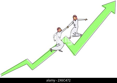 Single continuous line drawing Arabian businessman helps colleague to climb the rising arrow symbol. Help each other to achieve satisfactory targets. Stock Vector