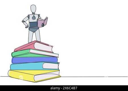 Single continuous line drawing smart robotic standing on a pile of books reading the fiction story book. Intrigued by book series. Read anywhere to fi Stock Vector
