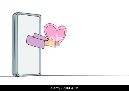 Single continuous line drawing hand coming out from the middle of the smartphone holding a heart. Metaphor favors services during online transactions. Stock Vector