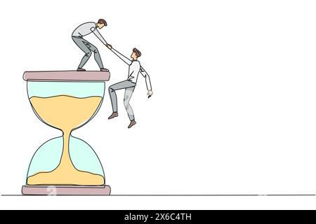 Single continuous line drawing businessman helps colleague climb the large hourglass. Have many assignment deadlines. Sharing with colleagues will bec Stock Vector