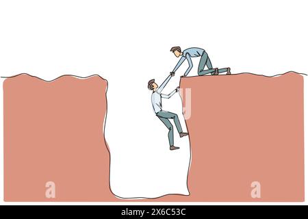 Single one line drawing businessman helps colleague climb a wide hole. Teamwork helps colleagues who have fallen. Inviting success together. Cohesive. Stock Vector