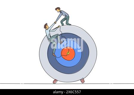 Continuous one line drawing businessman helps colleague climb arrow board target. Metaphors help focus on completing tasks one at time. Success togeth Stock Vector