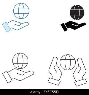 Set of hand holding globe earth with outline vector icons set illustration on white background Stock Vector