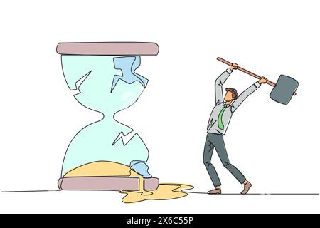 Continuous one line drawing businessman preparing to hit the big hourglass. Remove reminders. Work without rules. Undisciplined. Detrimental to the co Stock Vector