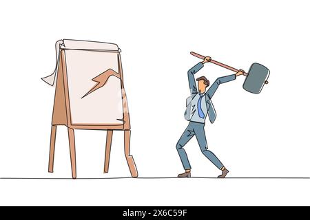 Continuous one line drawing businessman preparing to hit the big flip chart. Rampage. Destroy business reports that are not as desired. Anger exploded Stock Vector