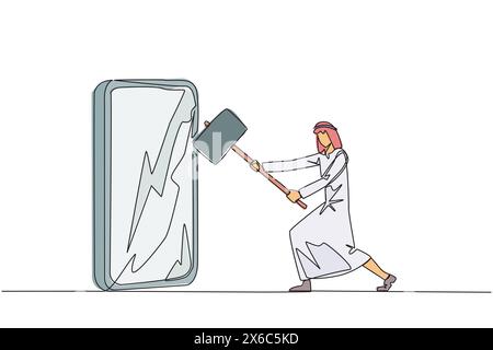 Continuous one line drawing Arabian businessman preparing to hit big smartphone. Technology can destructive if not use properly. Intelligence is requi Stock Vector