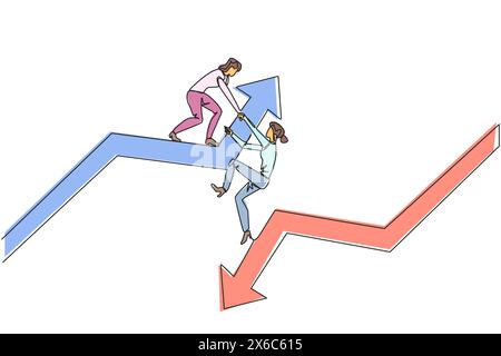 Single continuous line drawing businesswoman helps colleague climb arrow symbol. Teamwork to raise better level together. Best partner ever. Maintain Stock Vector